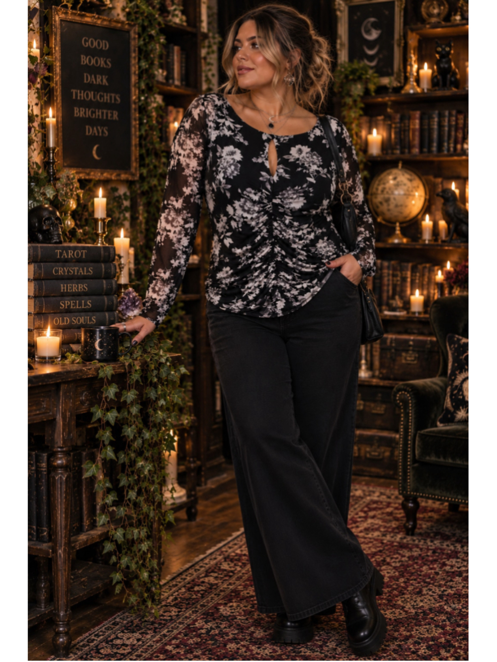 Lane Bryant Floral Mesh Ruched Top 14/16 Black White Whimsigoth NWT